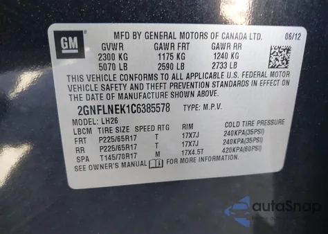 2012 Chevrolet Equinox 2Lt from USA, damaged, VIN 2GNFLNEK1C6385578